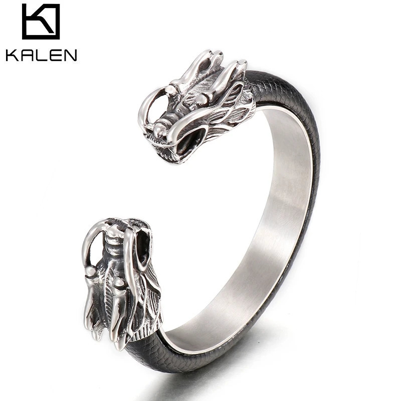 316L Stainless Steel Dragon Head Cuff Bangle Wolf Bracelet Men Leather Elastic Open Boys Hand Bracelets Mens Jewellery 240110