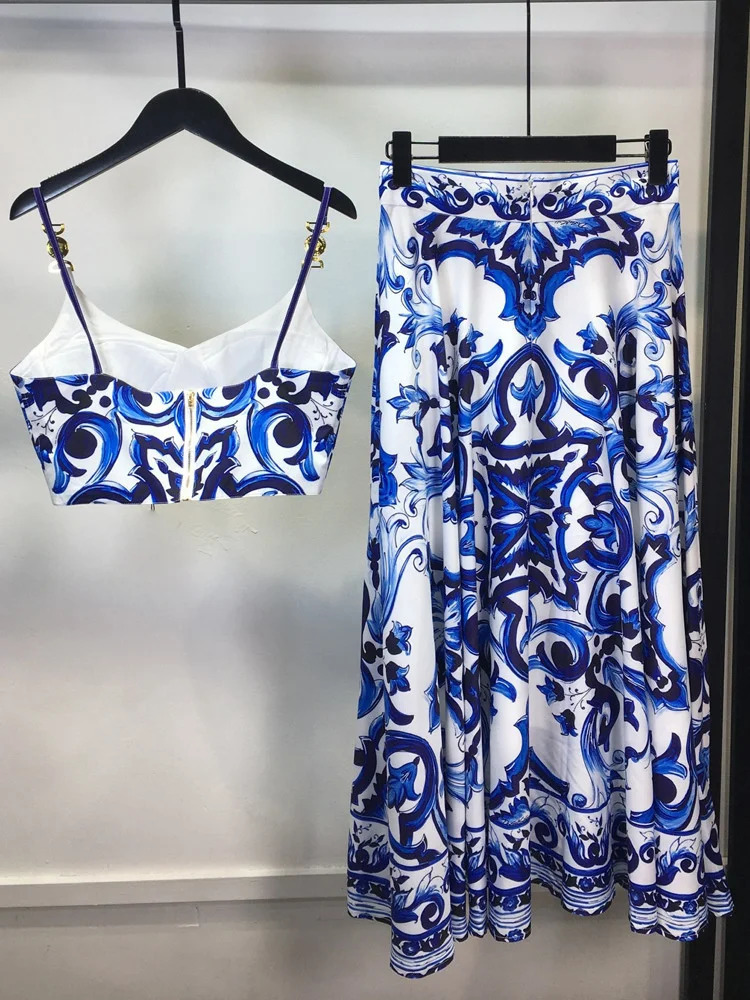 JAMERARY Summer Blue White Porcelain Two Pieces Set Women Straps Gold Button Tank Camis Crop Tops Print Long Skirt Suit Beach 240111