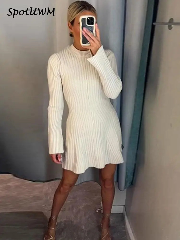 Elegant Solid Ribbed Knitted Short Dress For Women 2023 Long Sleeve O Neck Mini Dresses Fashion Autumn Lady Party Club Vestidos 240111