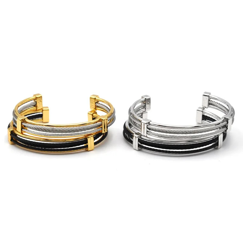 European and American Stainless Steel Braided Wire Rope Hollow Bangles Open Ins Style Retro Gold Steel Bracele 240110