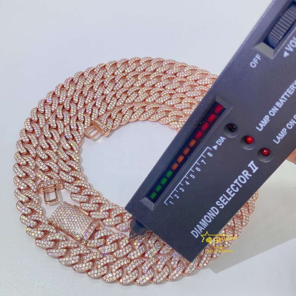 Wholesale Rose Gold Pass Diamond Tester Moissanite S925 13mm Trendy Mens Hip 13mm Iced Out Cuban Link Chain