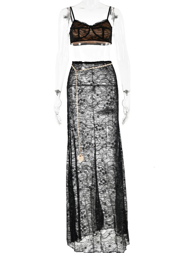 Fantoye Sexy See Through Lace Chain Women Skirt Suit White Spaghetti Strap Crop Top Print Floral Autumn Two Piece Sets 240111