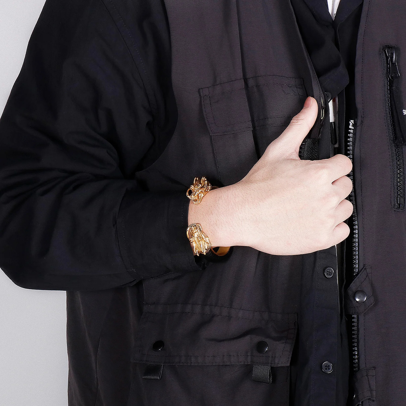 316L Stainless Steel Dragon Head Cuff Bangle Wolf Bracelet Men Leather Elastic Open Boys Hand Bracelets Mens Jewellery 240110