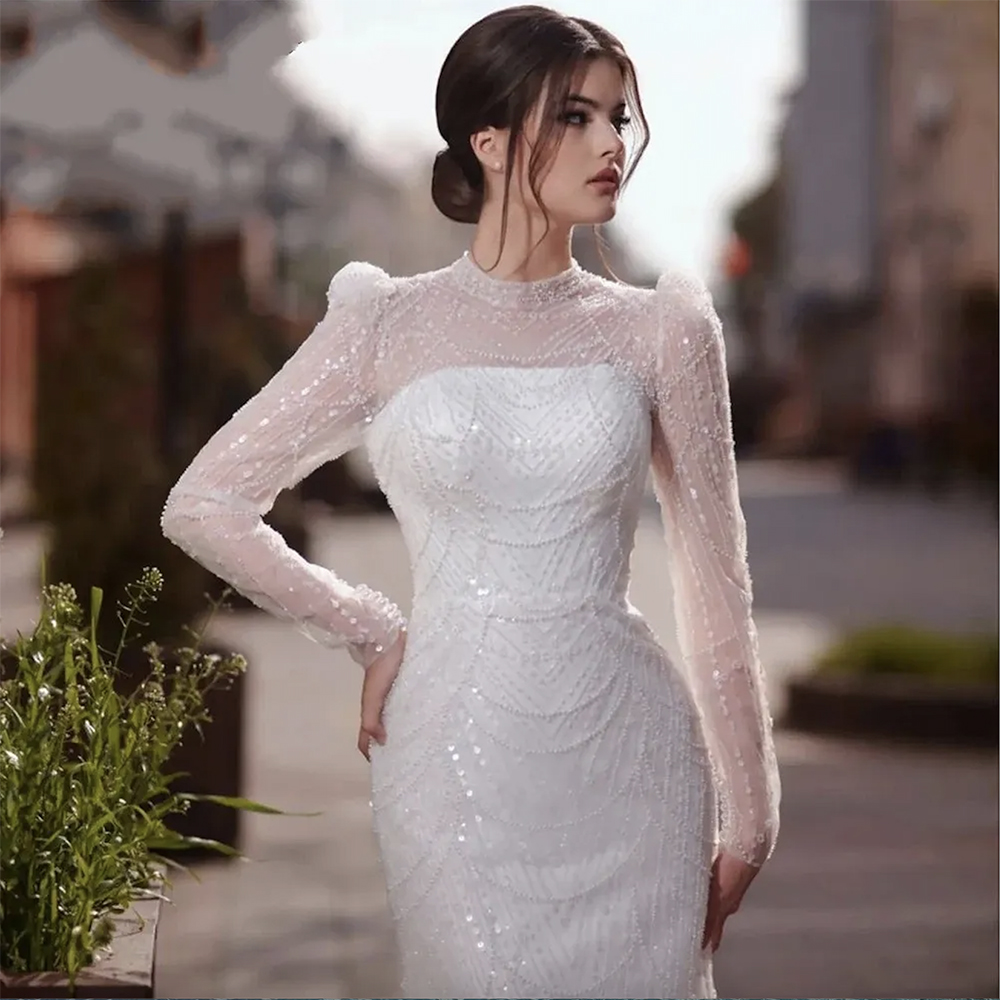 2024 Elegant Muslim Wedding Dress for Women Long Sleeves Mermaid with Detachable Train High Neck Pearls Beads Bridal Gowns Customed Vestidos De Noiva 