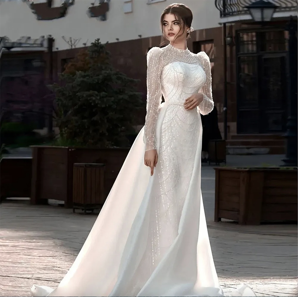 2024 Elegant Muslim Wedding Dress for Women Long Sleeves Mermaid with Detachable Train High Neck Pearls Beads Bridal Gowns Customed Vestidos De Noiva 