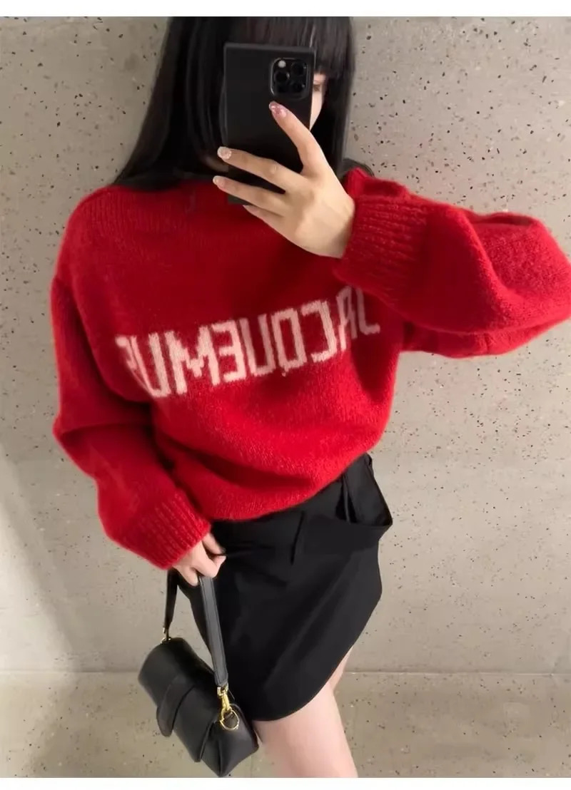 Womens alpaca wool zipper with letter printing womens wool sweater with round neck 240110