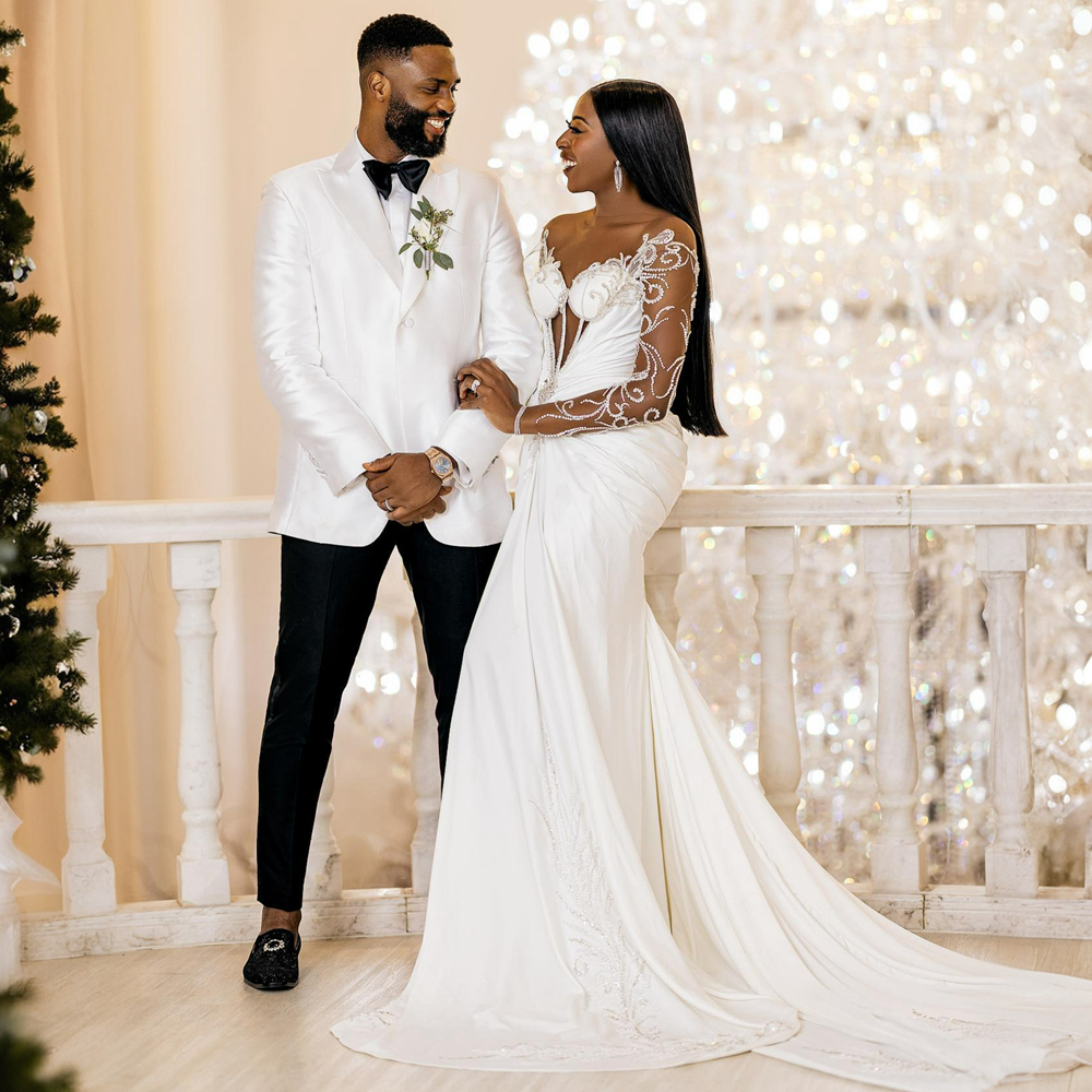 Bride Wedding Dress Ivory Chiffon Sheer Neck Long Sleeves Mermaid Bridal Gowns Illusion Rehies Appliqued Lace Dresses for Marriage D107 es