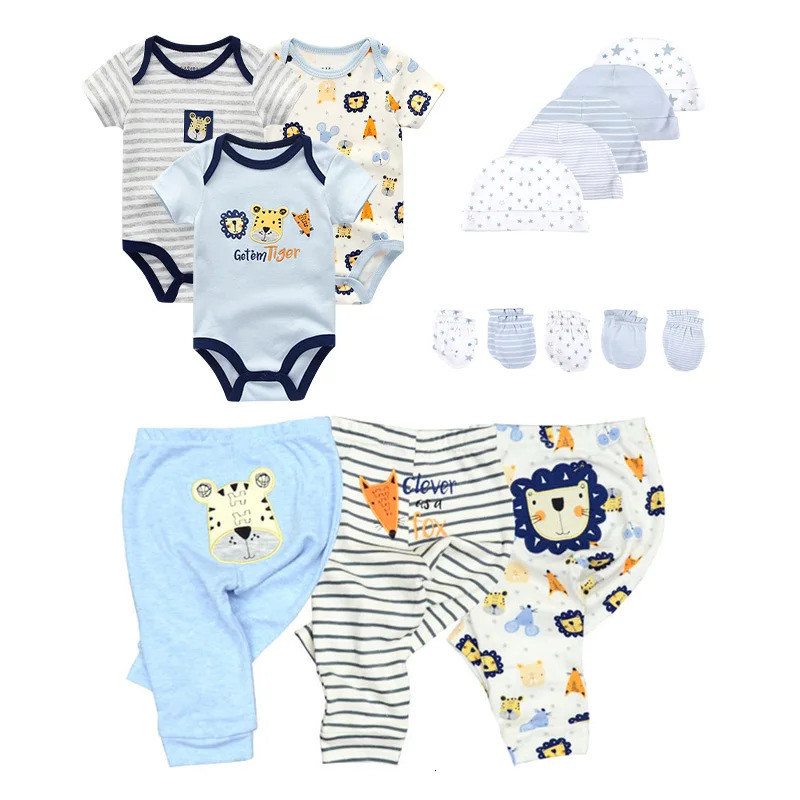 Cotton Solid born Baby Sets Unisex BodysuitsPantsHatsGloves Girl Boy Clothes Short Sleeve Roupas de bebe 240110
