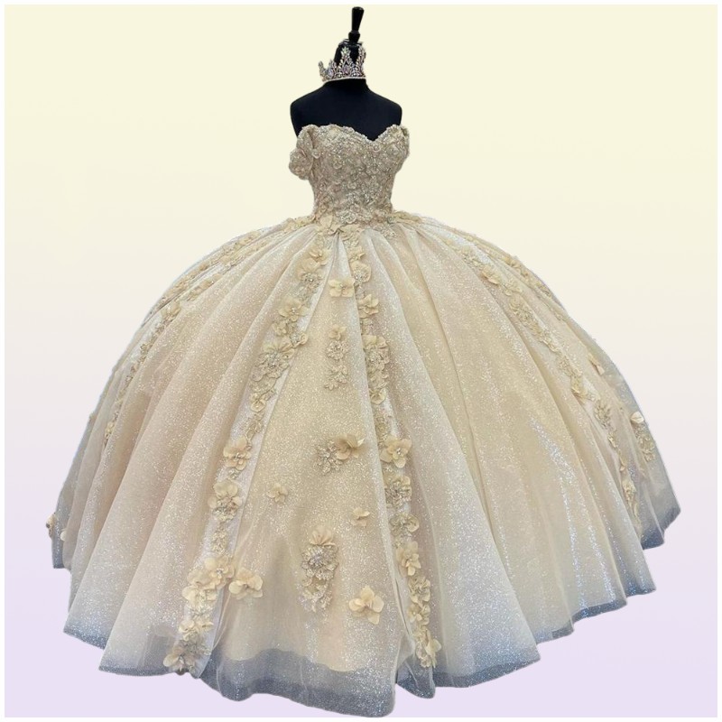 Light Champagne Quinceanera Dresses with with 3D Floral Lace Applique Beaded TulleFloor Length Pleats Sweet 15 16 Birthday Ba