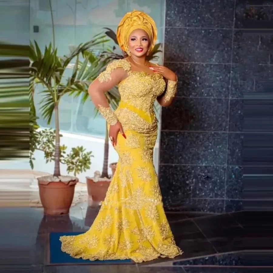 Vintage Yellow Lace Aso Ebi Formal Prom Dresses For African Women Long Sleeves Plus Size Nigerian Birthday Gowns Custom Made