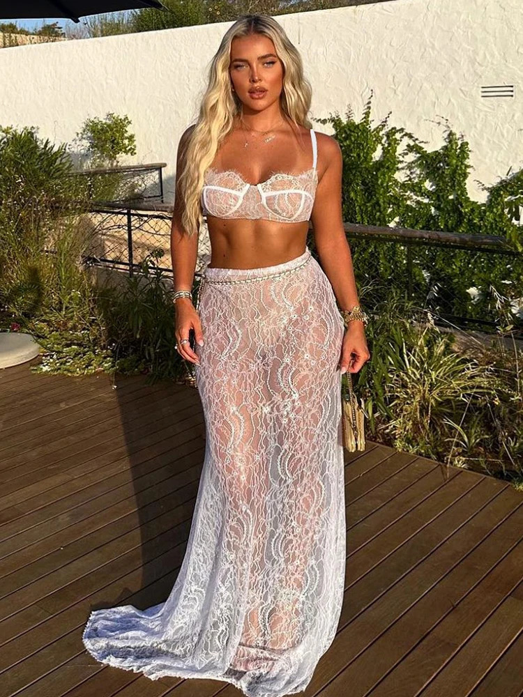 Fantoye Sexy See Through Lace Chain Women Skirt Suit White Spaghetti Strap Crop Top Print Floral Autumn Two Piece Sets 240111