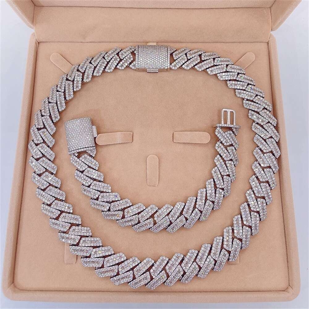 Custom Moissanite Chain 18mm Baguette Diamonds Iced Out Hip Hop Sterling Silver Custom Moissanite Cuban Bracelet