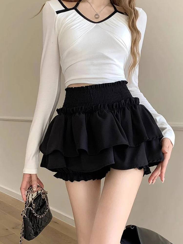 HOUZHOU Kawaii Mini Skirt Women Cute Sexy Balletcore White Elastic High Waist Aline Ruffle Patchwork Lolita Shorts Korean 240110