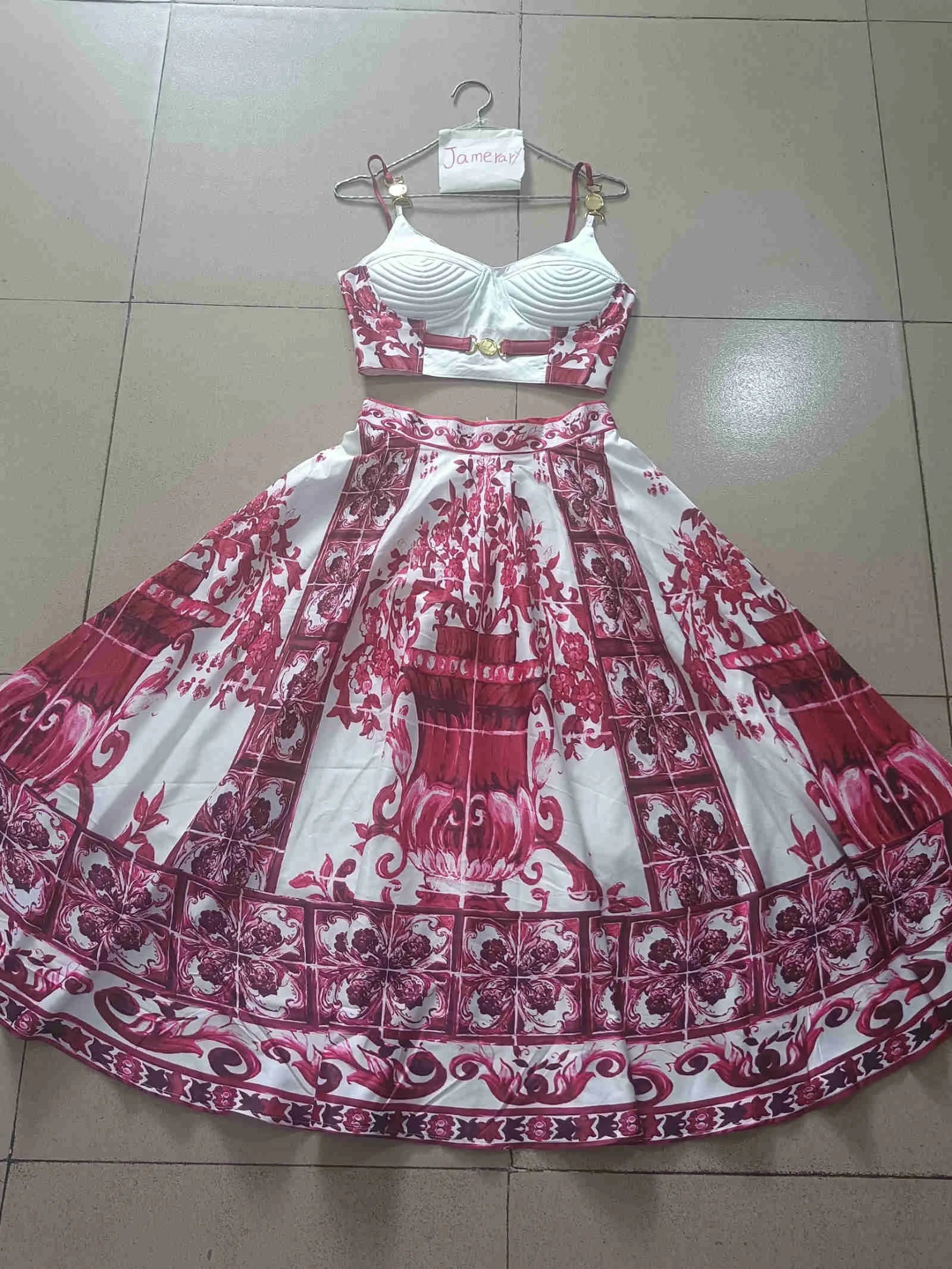 JAMERARY Summer Blue White Porcelain Two Pieces Set Women Straps Gold Button Tank Camis Crop Tops Print Long Skirt Suit Beach 240111