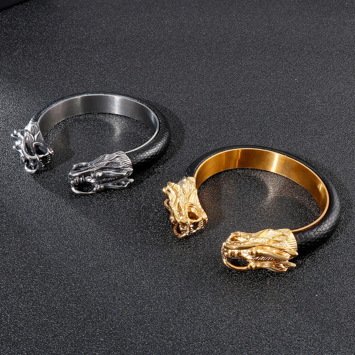 316L Stainless Steel Dragon Head Cuff Bangle Wolf Bracelet Men Leather Elastic Open Boys Hand Bracelets Mens Jewellery 240110