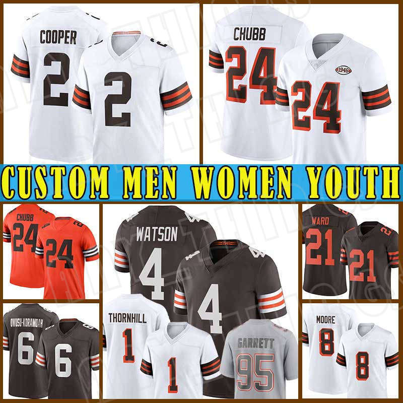 24 Nick Chubb 95 Myles Garrett Football Jerseys Jeremiah Owusu-Koramoah Amari Cooper Clevelands Browns Joe Thomas Deshaun Watson Joe Flacco Denzel Ward Elijah Moore