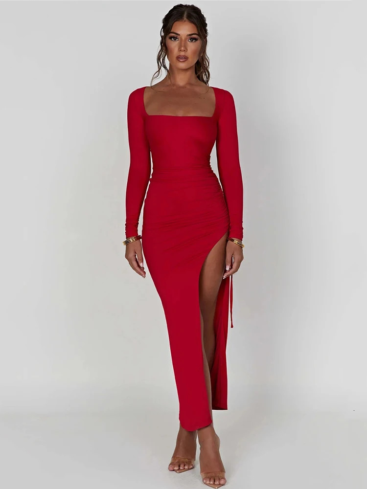 Mozision Long Sleeve Ruched High Split Maxi Dres Square Collar Drawstring Bodycon Sexy Party Dress Elegant Autumn 240111