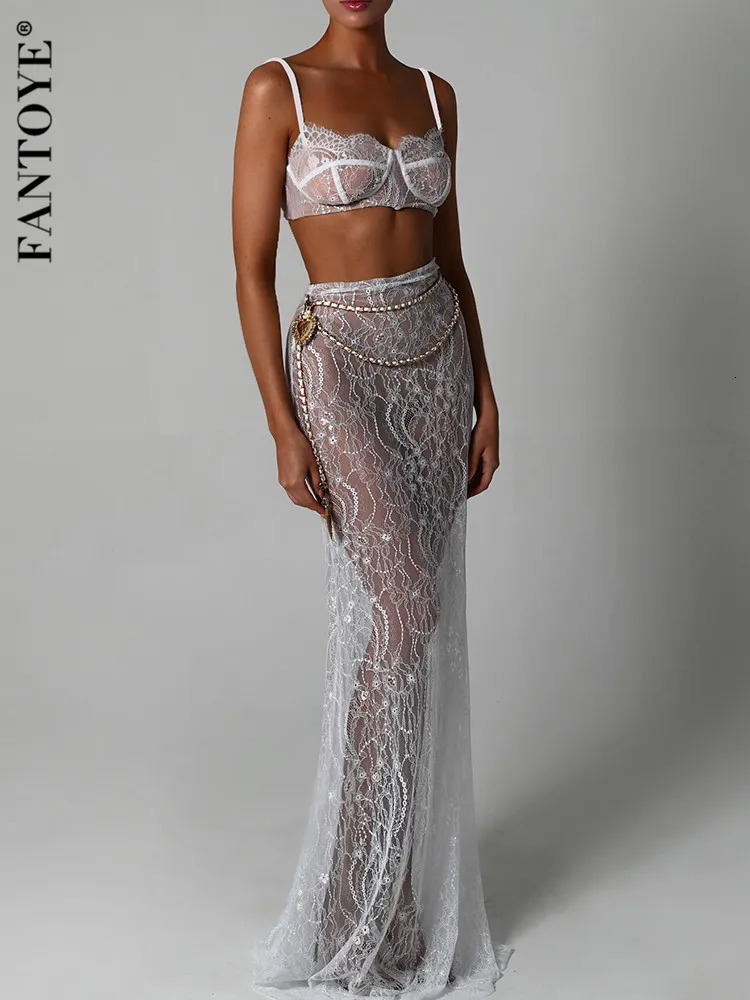 Fantoye Sexy See Through Lace Chain Women Skirt Suit White Spaghetti Strap Crop Top Print Floral Autumn Two Piece Sets 240111