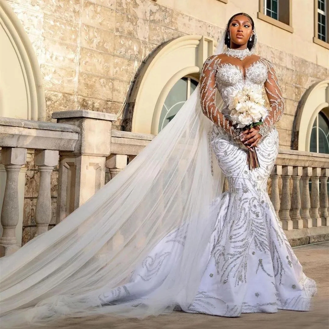Wedding Mermaid Dresses Long Sleeves V Neck Halter Sequins D Lace Appliques Beaded Ruffles Bridal Gowns Vestina De Novia Estina Estina