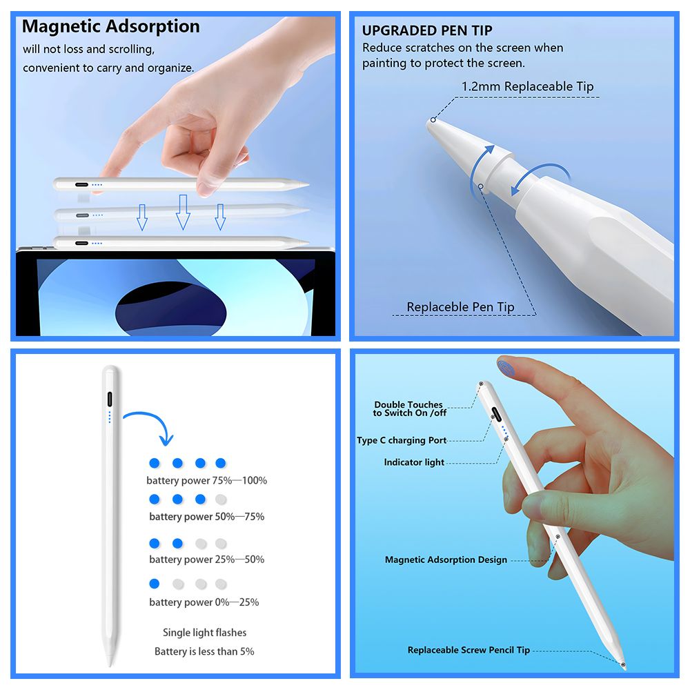 For Apple iPad Pencil 2 Stylus Touch Pen Pencils iPad 6 7 8 9 Pro Generation mini 5 6 Air 3 4 5 10.9 Palm Rejection