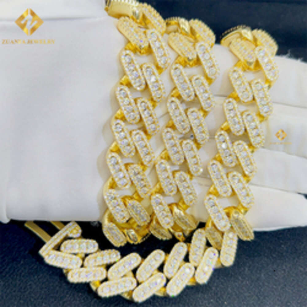 Hiphop Jewelry 15mm Iced Out Vvs Moissanite Chain 925 Sterling Silver Miami Cuban Chain Necklace