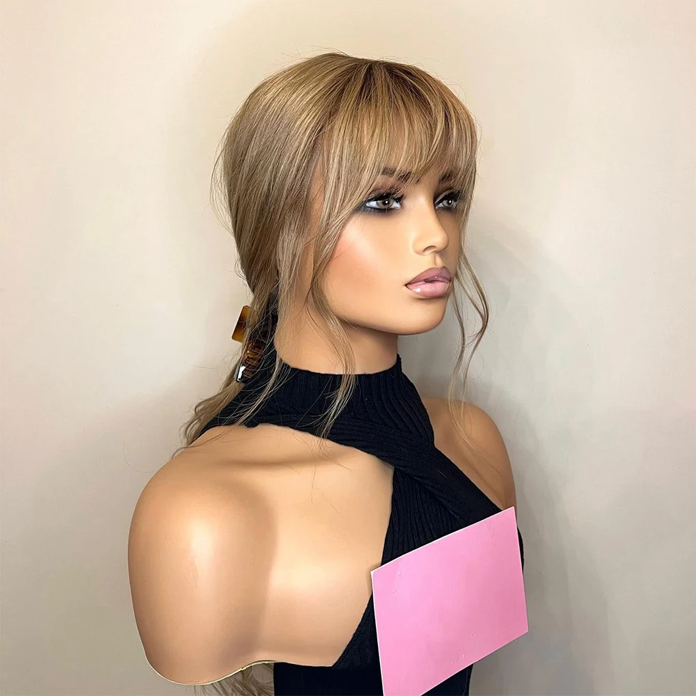 Free shipping Indian Transparent Lace Front Human Hair for Women with Bangs Glueless Fringe Ash Blonde Body Wave Long Synthetic Wigs