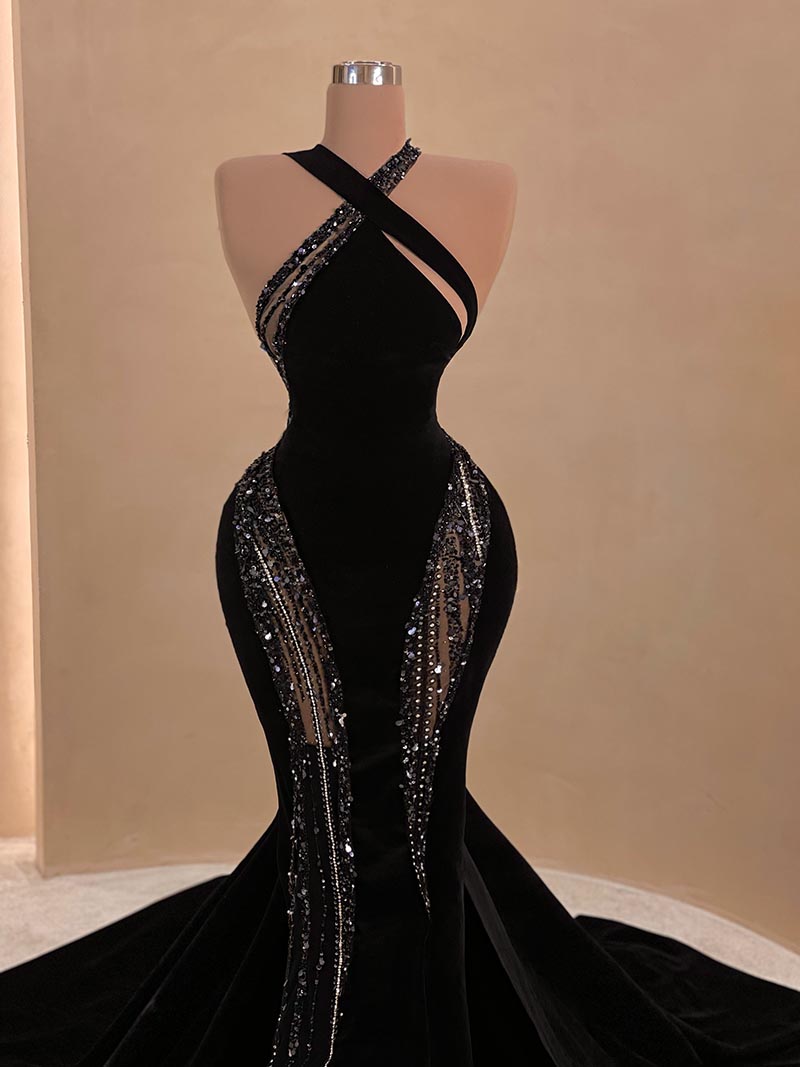Simple Halter Mermaid Prom Dresses Sexy Sleeveless Sequined Lace Formal Ocn Dress Aso Ebi Evening Gowns 0220