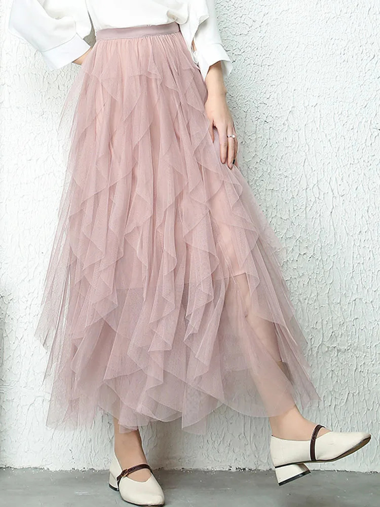 Fashion Tutu Tulle Skirt Women Long Maxi Spring Summer Korean Black Pink High Waist Pleated Female 240112
