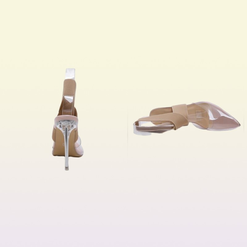 Plus size 35 to 40 41 42 elastic band cross strap nude transparent PVC clear high heels luxury women designer shoes Come