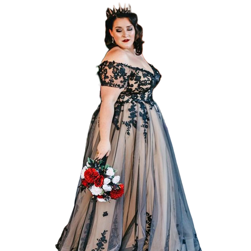 Vintage Black And Champagne A Line Garden Wedding Dress For Bride Lace Appliques V-Neck Plus Size Bridal Gowns Floor Length Short Sleeves Gothic Vesti