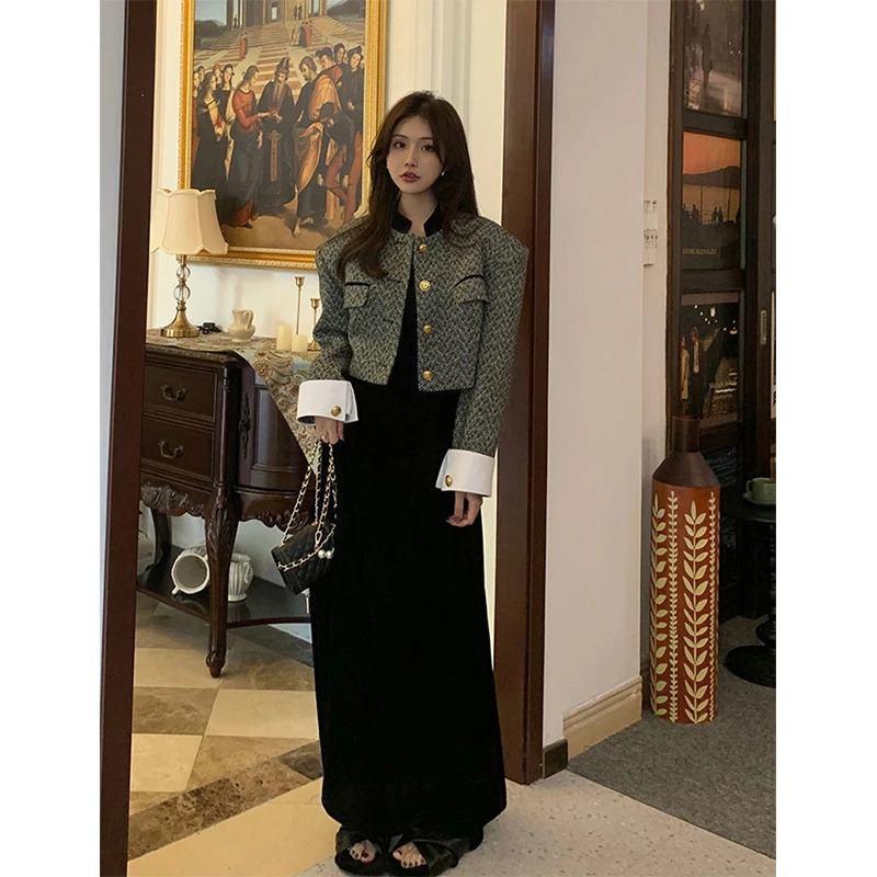 Vintage Tweed Jacket Women Elegant Patchwork Cropped Blazer Korean Single Breasted Short Coat Office Lady All Match Outerwear 240112