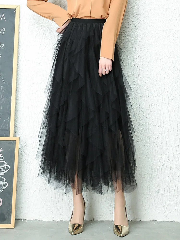 Fashion Tutu Tulle Skirt Women Long Maxi Spring Summer Korean Black Pink High Waist Pleated Female 240112