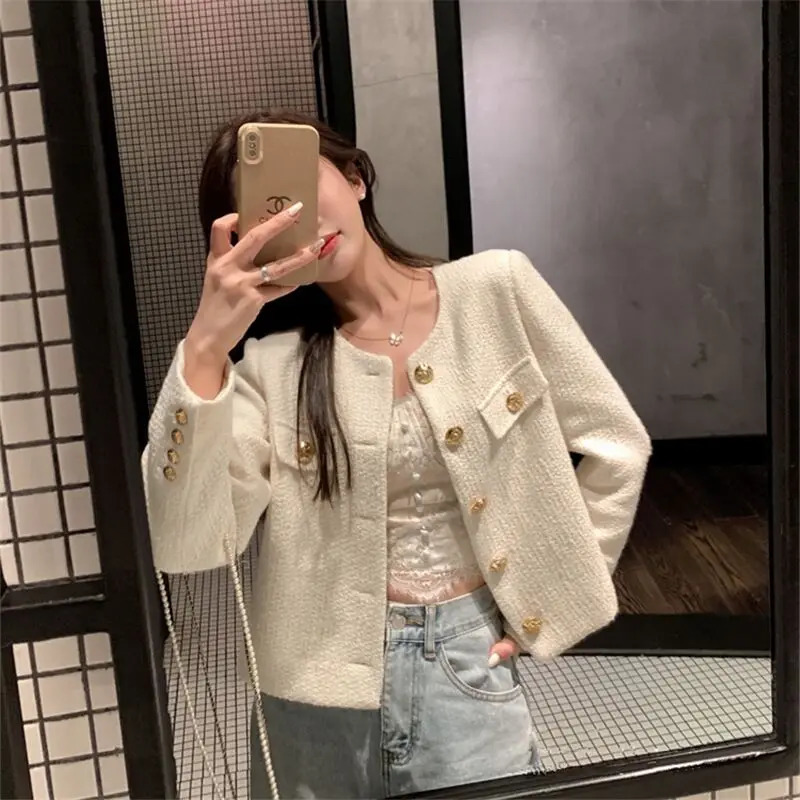 Spring Korean Chic Lady Tweed Basic Jacket Coat Women Clothing Woolen Outerwear 240112