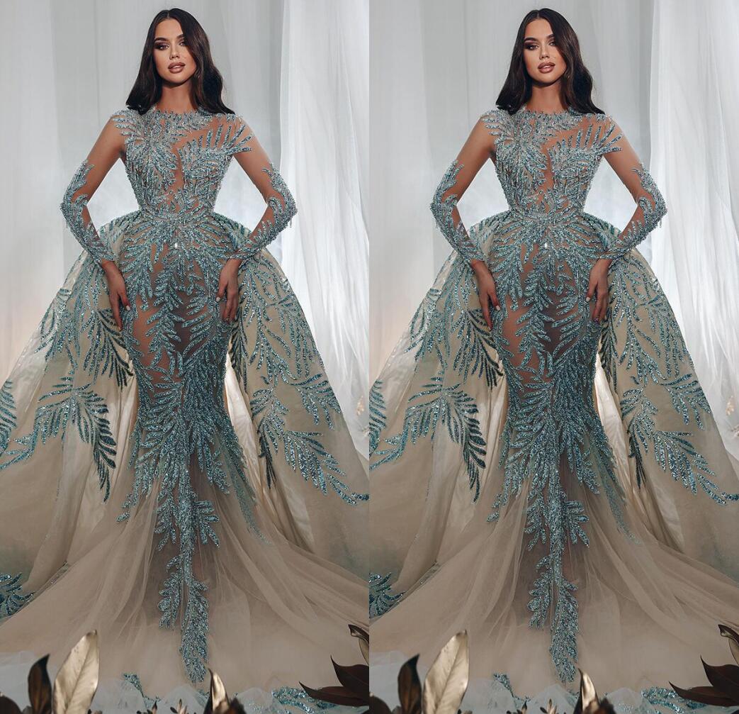 Fashion Mermaid Evening Dresses Sequins Jewel Neck Long Sleeves Prom Gowns With Detachable Train Dress Custom Made