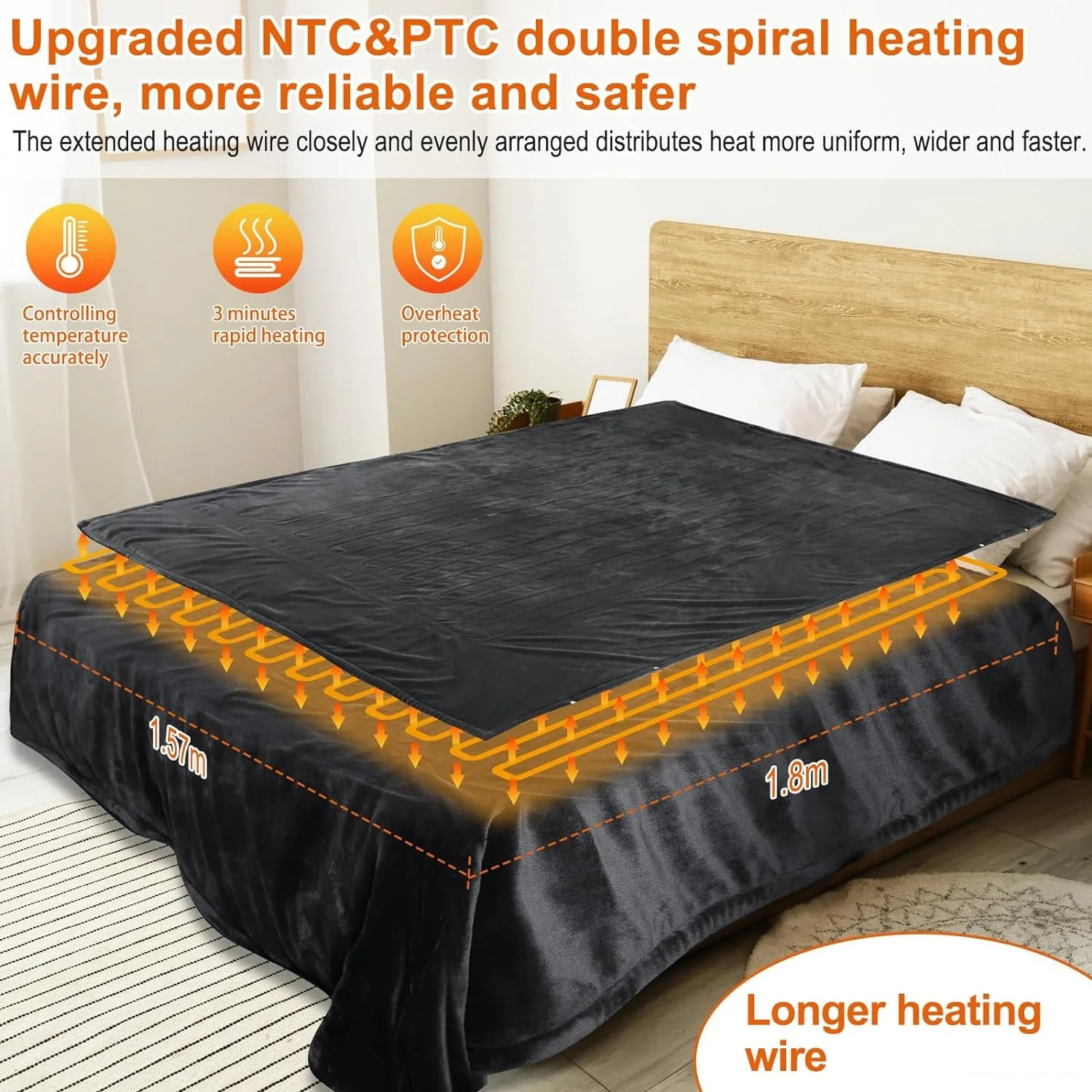 Electric Blanket with Automatic Shut-Off Bed Heat Blanket Home Office Quick Flannel Washable 240111