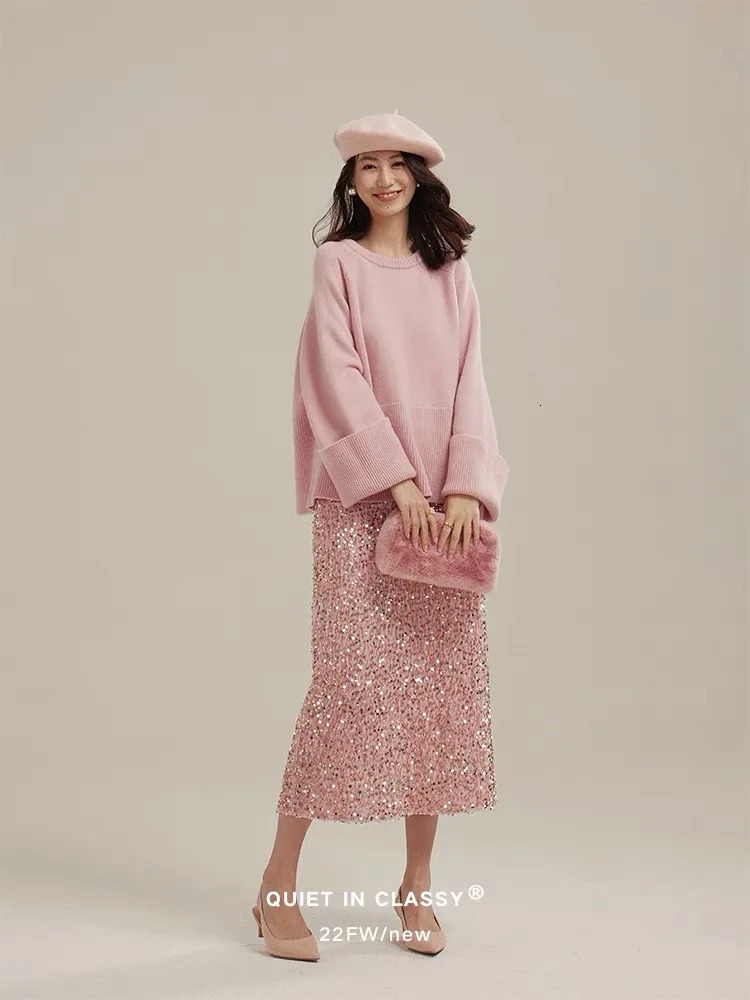 Hirsionsan High Waist Sequined Skirt Women Autumn Office Lady Basic Midi Chic Elegant Glossy Long Black 240112