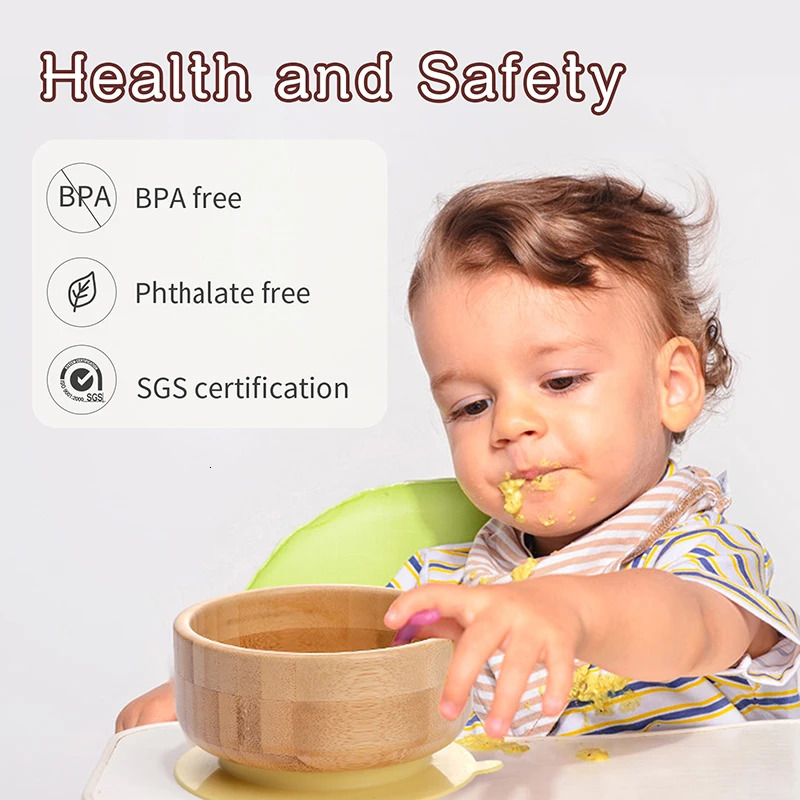 Let's Make Baby Feeding Tableware Set Natural Bamboo Bowl With Silicone Suction Cup A Free Spoon Antiscalding Kids 240111