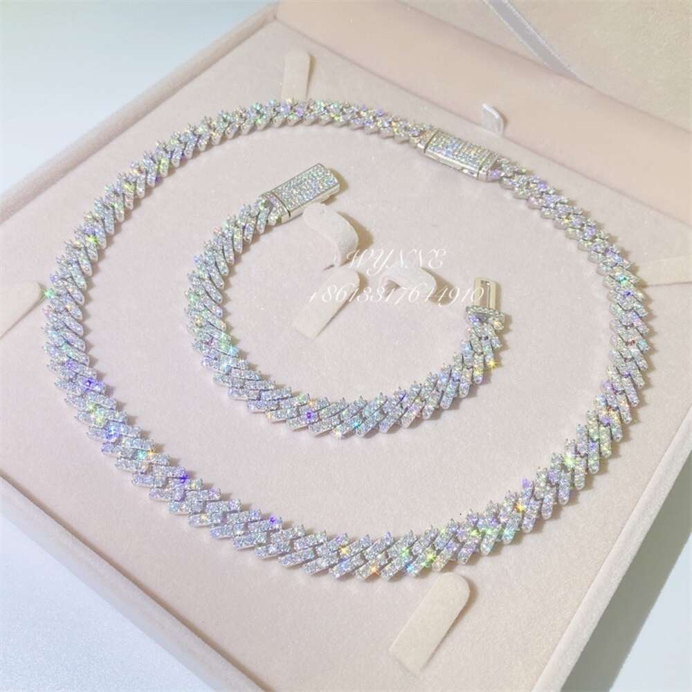 925 Sterling Silver 8mm/10mm/13mm Prong Setting Iced Out Moissanite Diamond Cuban Link Chain