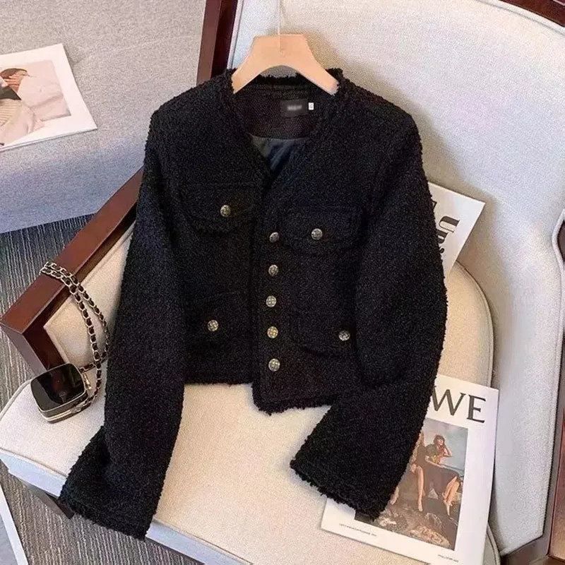 Lucyever French Style Tweed Jacket Coats Women Elegant VNeck Single Breasted Outerwear Woman Korean Fashion Black White Jackets 240112