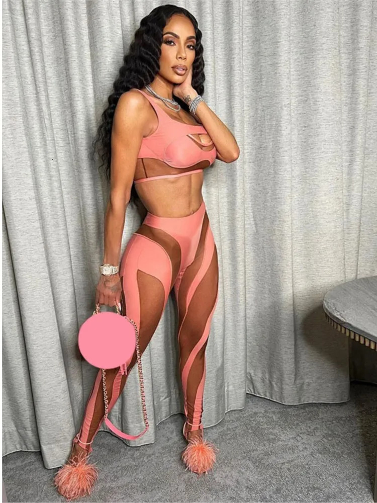 summer two piece set for women leggings matching set Sleeveless Sheer Mesh See Through Bodycon Jumpsuit women baddie outfits y2k 240112