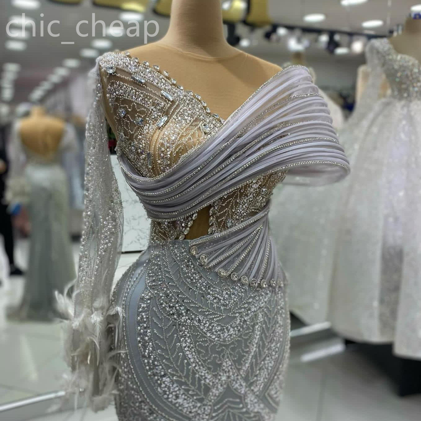 2024 Aso Ebi Sier Mermaid Prom Dress Sheer Neck Beaded Crystals Evening Formal Party Second Reception Birthday Engagement Gowns Dresses Robe De Soiree