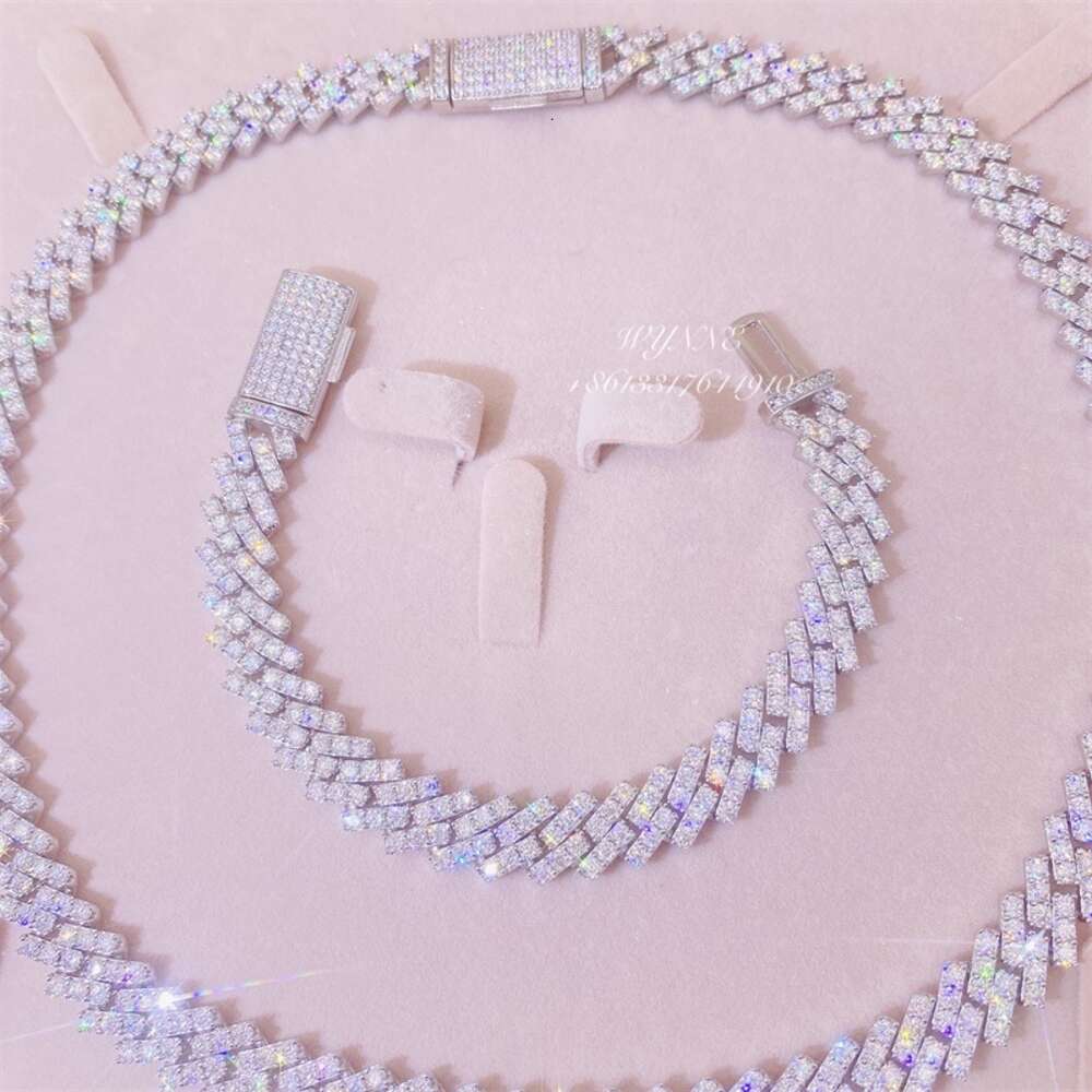 Hotsale 925 Sterling Silver Prong Setting Iced Out Vvs Moissanite Diamond Cuban Link Chain Set