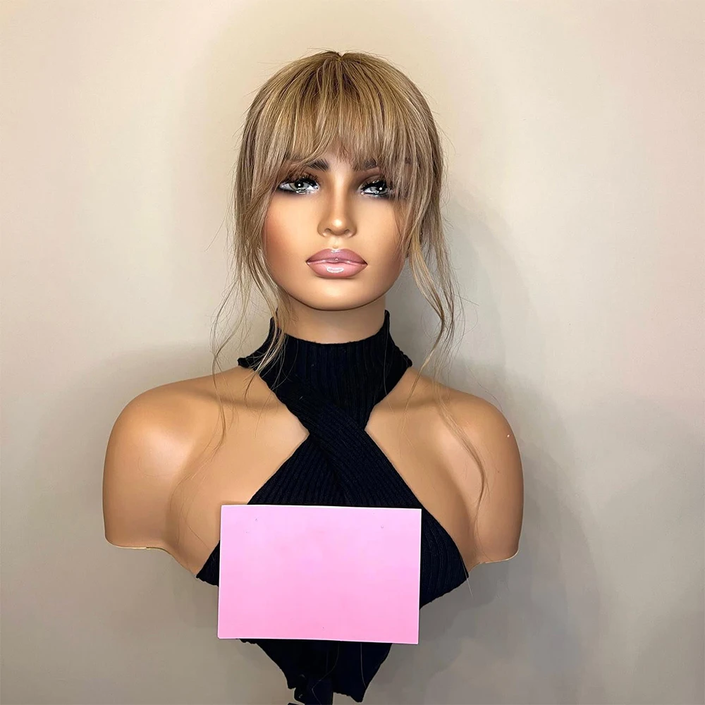 Free shipping Indian Transparent Lace Front Human Hair for Women with Bangs Glueless Fringe Ash Blonde Body Wave Long Synthetic Wigs
