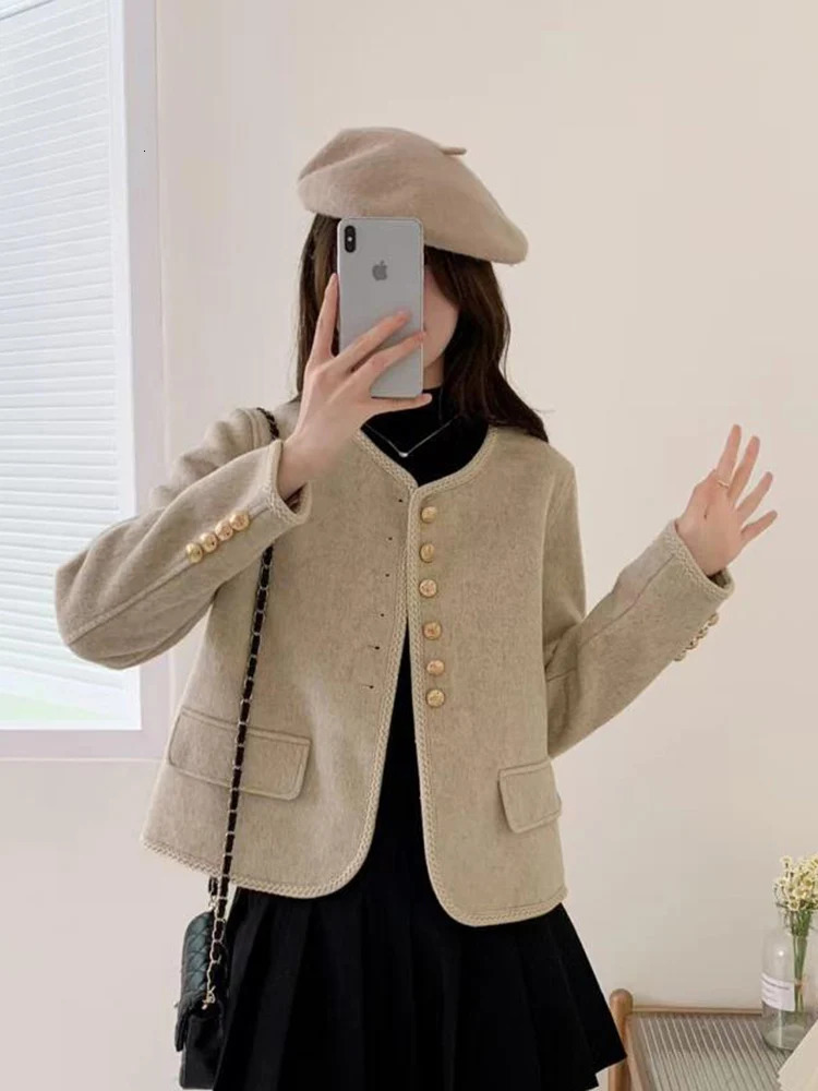 Jmprs Elegant Thick Korean Tweed Jacket Women Casual Long Sleeve Retro Coat Winter Warm Office Lady Single Breasted Vintage Tops 240112