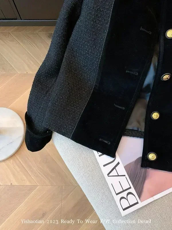 GkyocQ French Small Perfume Style Splicing Velvet Black Short Jacket Female Fall Elegant Niche Fashion Temperament Coat 240112