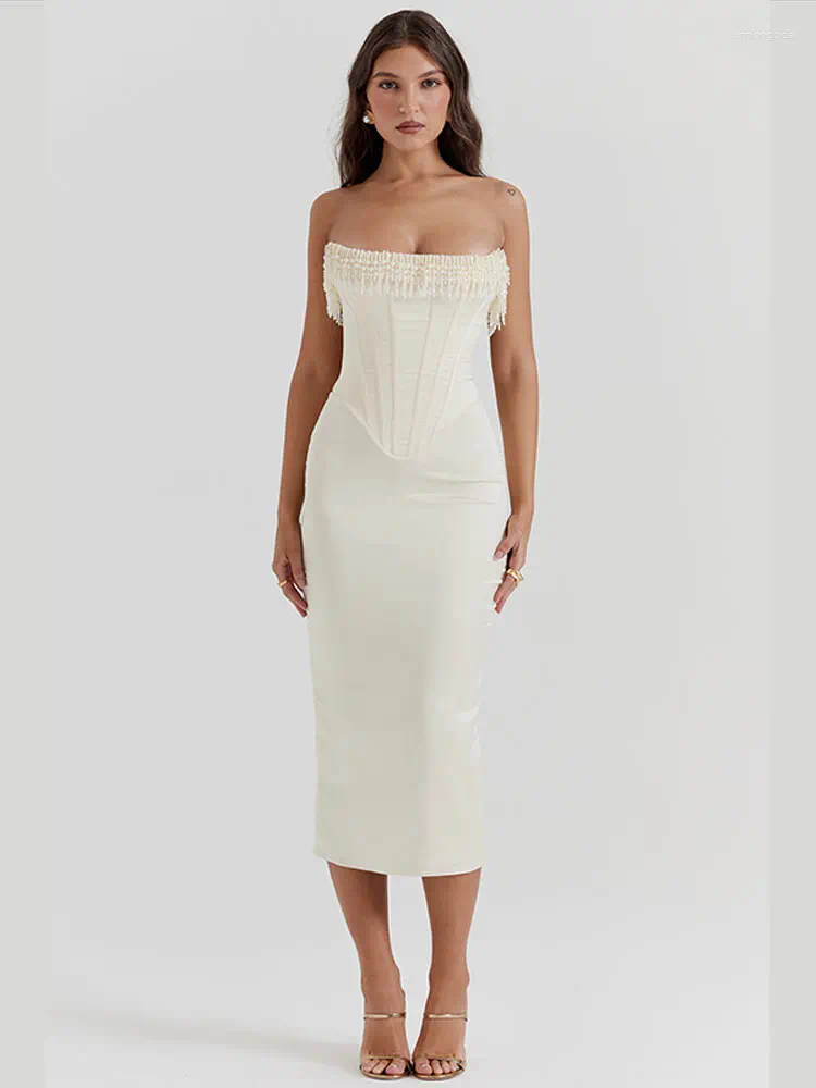Casual Dresses Elegant Backless Tassels Dress For Women Fashion Sleeveless Strapless Slim Fit 2024 Female Holiday Evening Party Robes