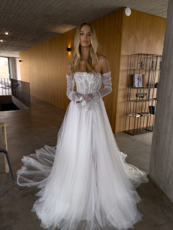 Line Boho A Dresses Bone Bodice Illusion Strapless Dress Sweep Train Appliques Tulle Designer Wedding Bridal Gowns ppliques
