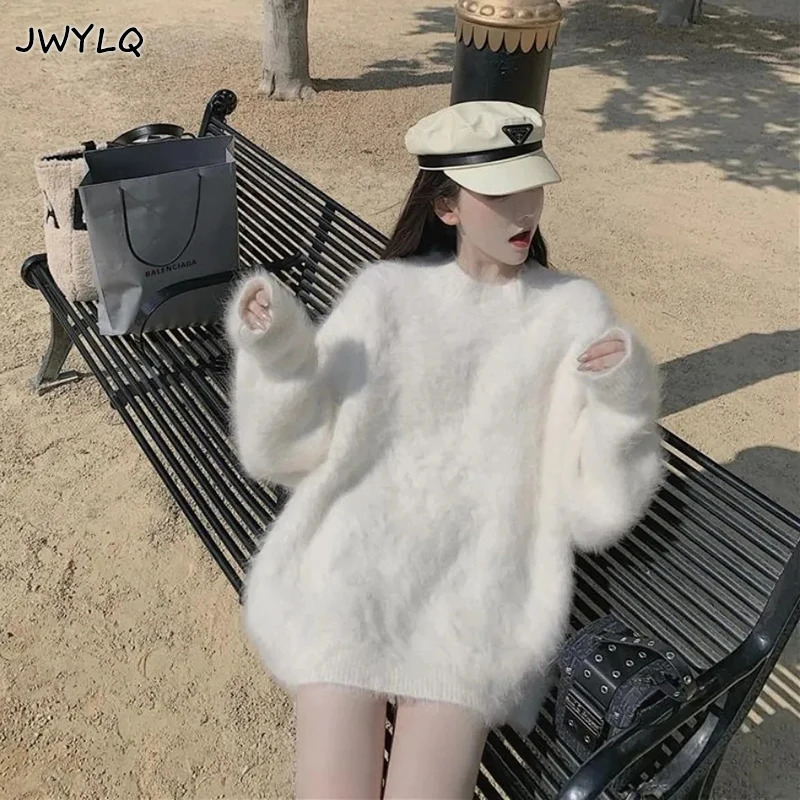 Autumn Winter O-neck Mink Fleece Oversize Pullover Sweater Women Solid Color Thick Warm Midi Sweater Simple Loose White Sweater 240112