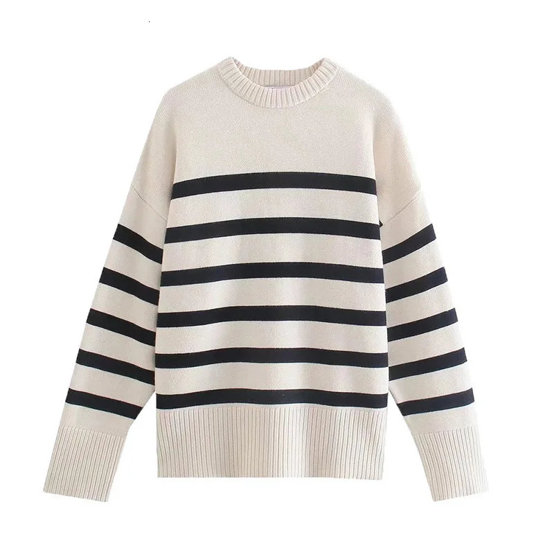 Casual Oversized Striped Pullovers Women Knitted Basic Autumn Winter Loose-Fitting Thick Jumpers Sweaters Female Clothing 240111