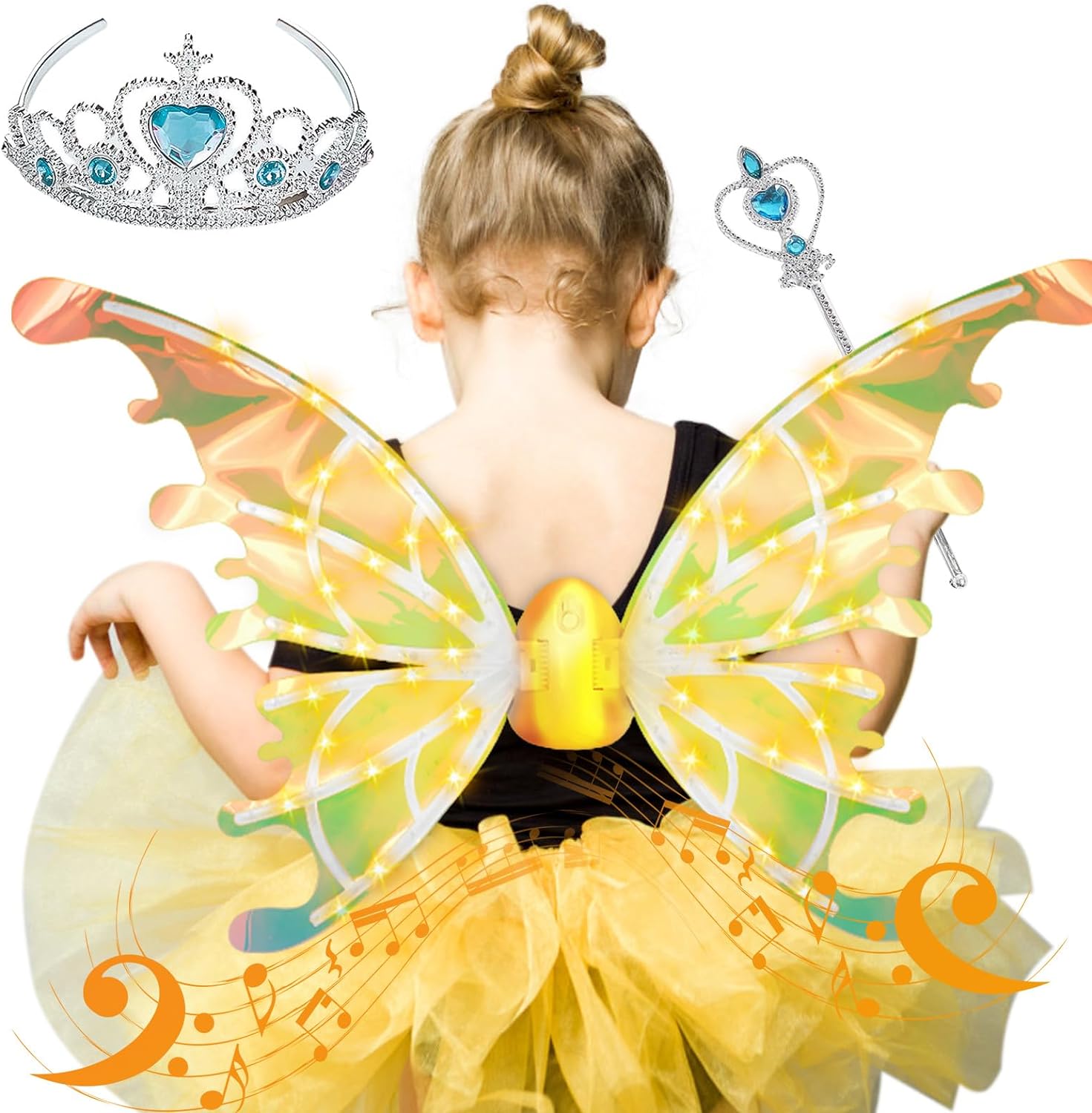 Electric Fairy Wings with LED Lights,Pets Glowing Elf Angel Wings with Magic Wand Princess Crown for Kids Pets Costumes